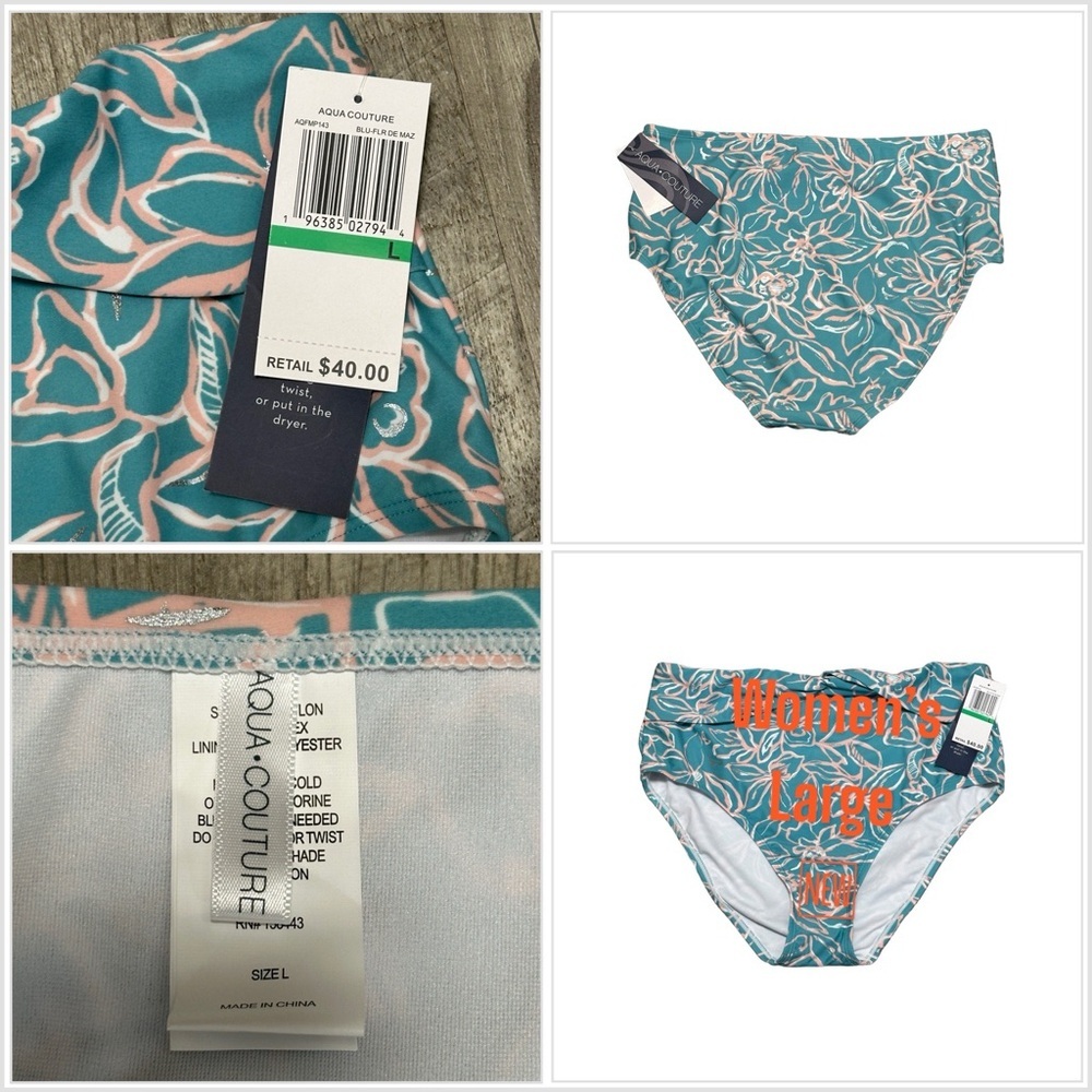 Aqua Couture Large Swim Bikini Bottom Hipster Flowers Tropical Teal Swimwear NWT